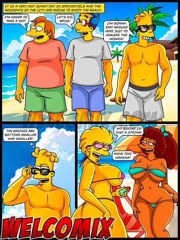 Wearing a swimsuit that covers her entire body, she arrives at the beach with her husband - The Simptoons, Yes, Springfield has a beach by welcomix (tufos)