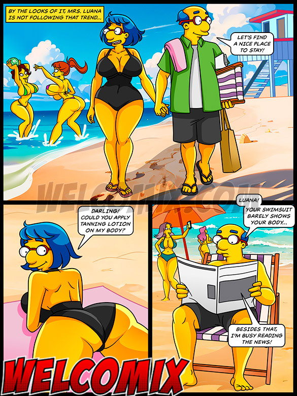 Wearing a swimsuit that covers her entire body, she arrives at the beach with her husband - The Simptoons, Yes, Springfield has a beach by welcomix (tufos)