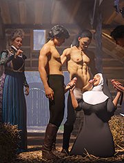 The ring of the Roman Empress 8: Knelt in the hay with a cock in each hand and a third awaiting her mouth