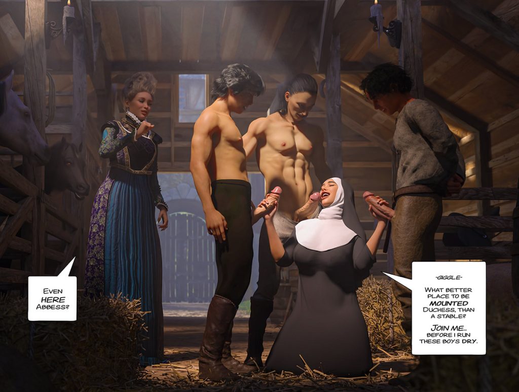 Knelt in the hay with a cock in each hand and a third awaiting her mouth - The ring of the Roman Empress 8 by Tab109